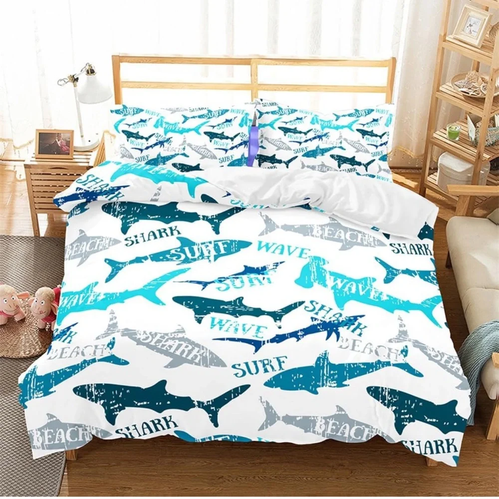 Shark Fish Print Kids Duvet Cover Set King Bedding Cover Set Boys Girls Duvet